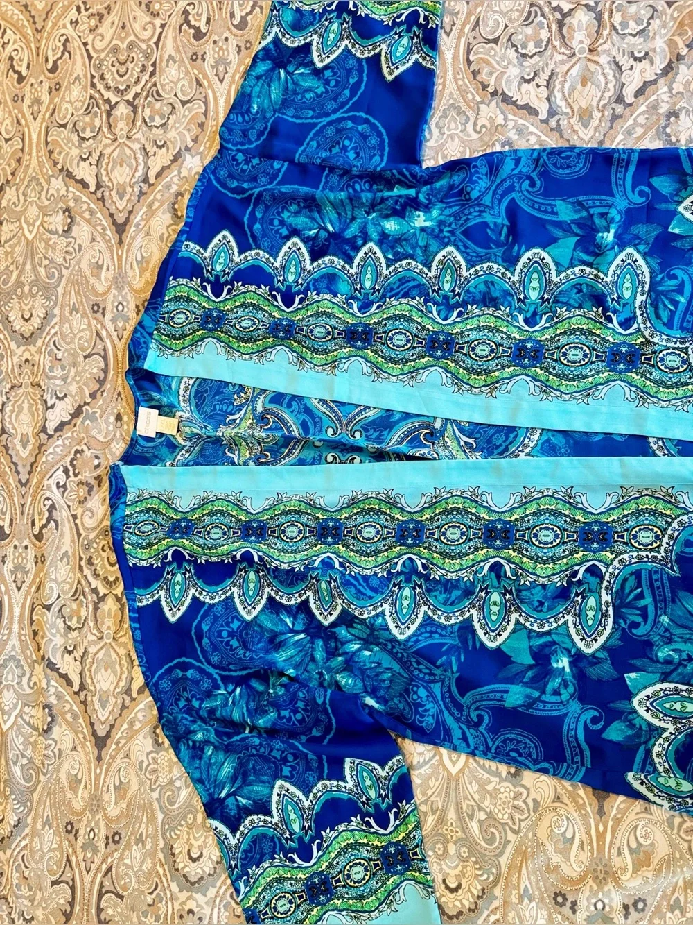 CHICO’S Silky Turquoise & Blue Paisley Medallion Open-Front Kimono Wrap Cardigan